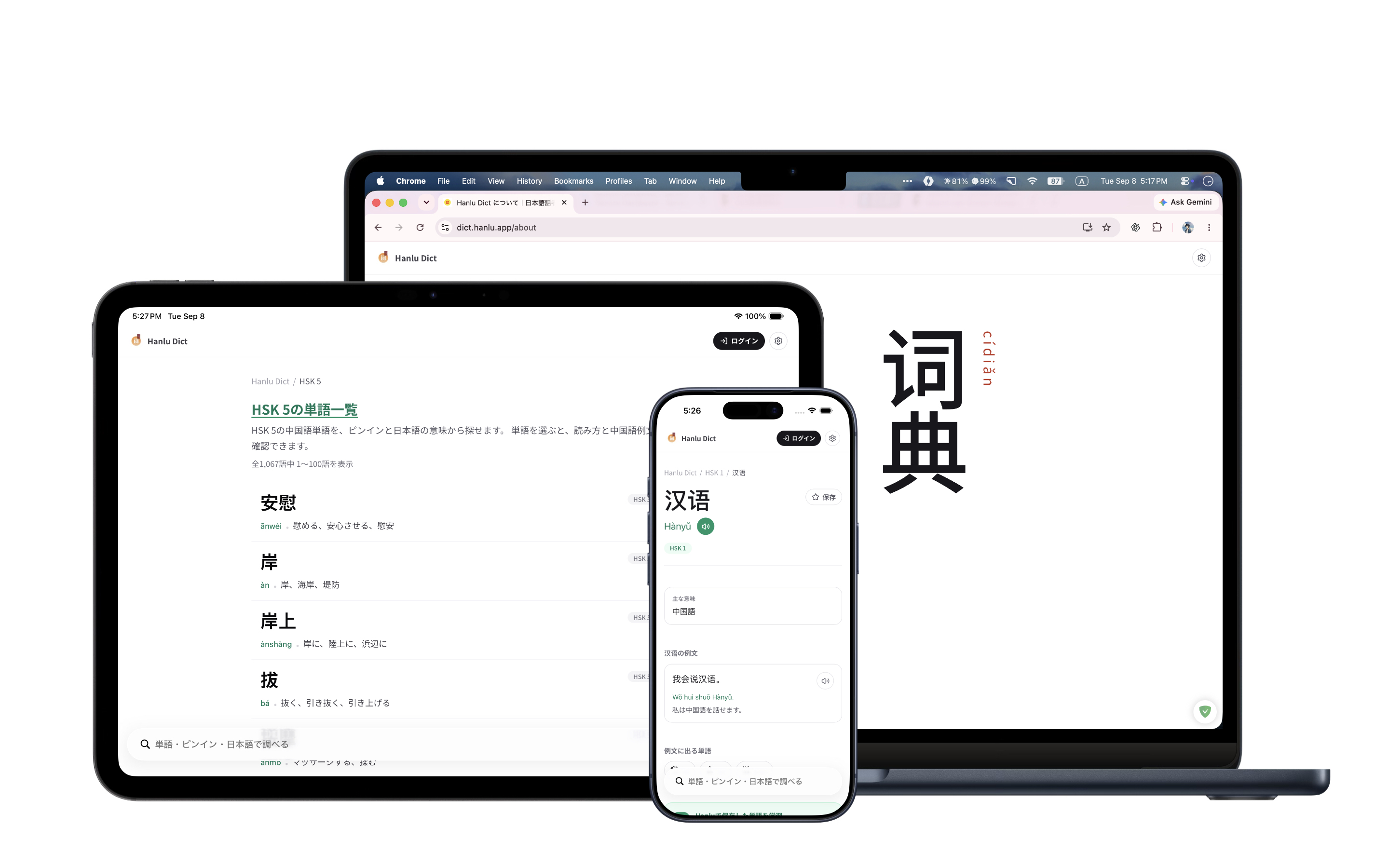 パソコン、タブレット、スマートフォンで表示した Hanlu Dict